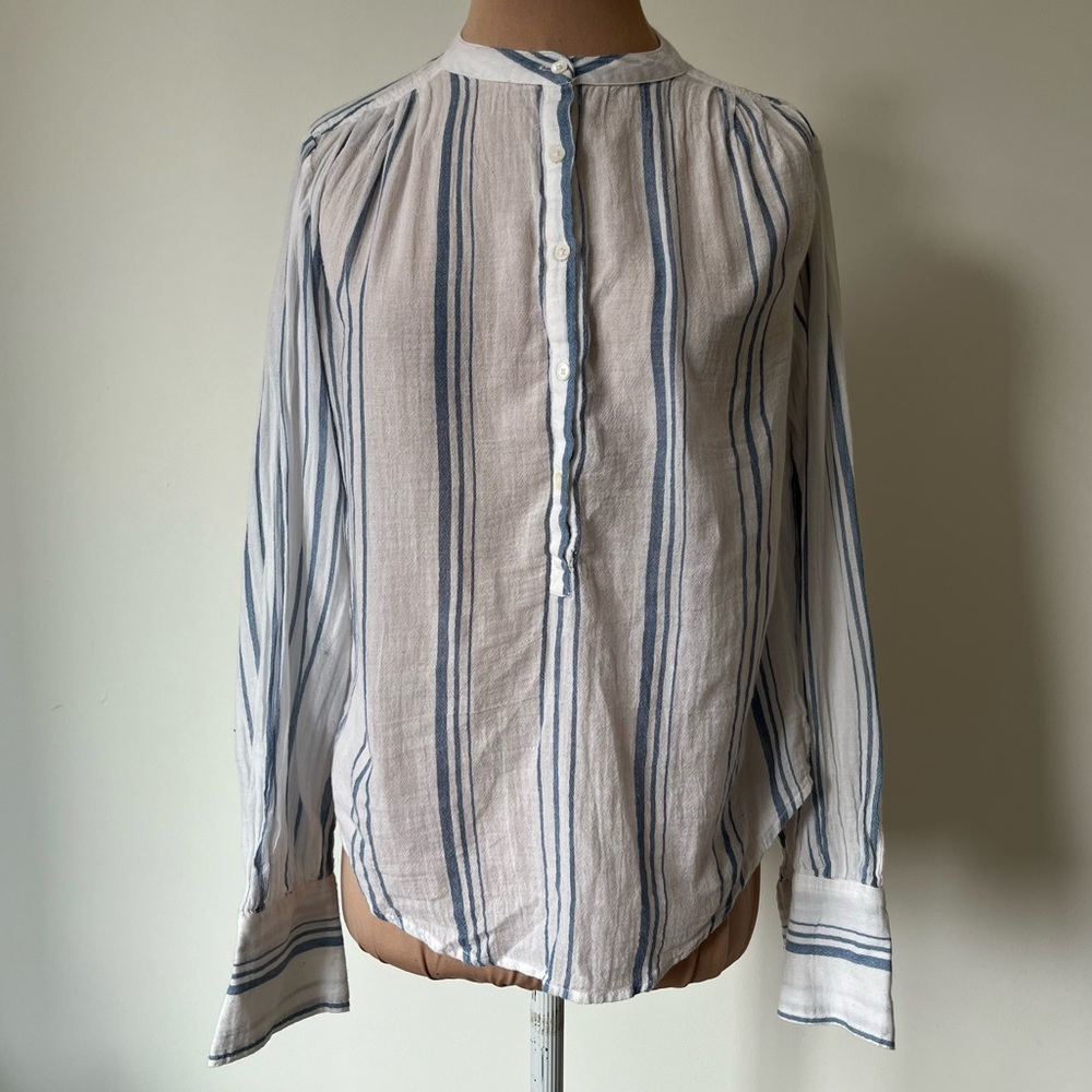 Frame Denim Button Up Gauze Cotton White Stripe Blue Long Sleeve Blouse EUC XS - Picture 4 of 11